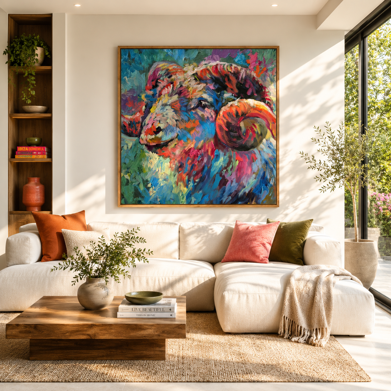 Colorful abstract painting of a ram on a wall above a white sofa with decorative pillows in a modern living room.