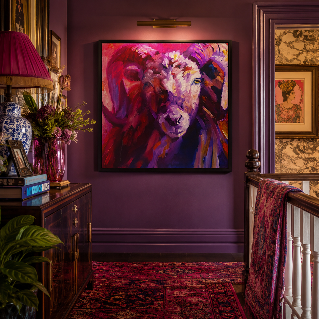 Colorful painting of a ram on a purple wall in an ornate room.