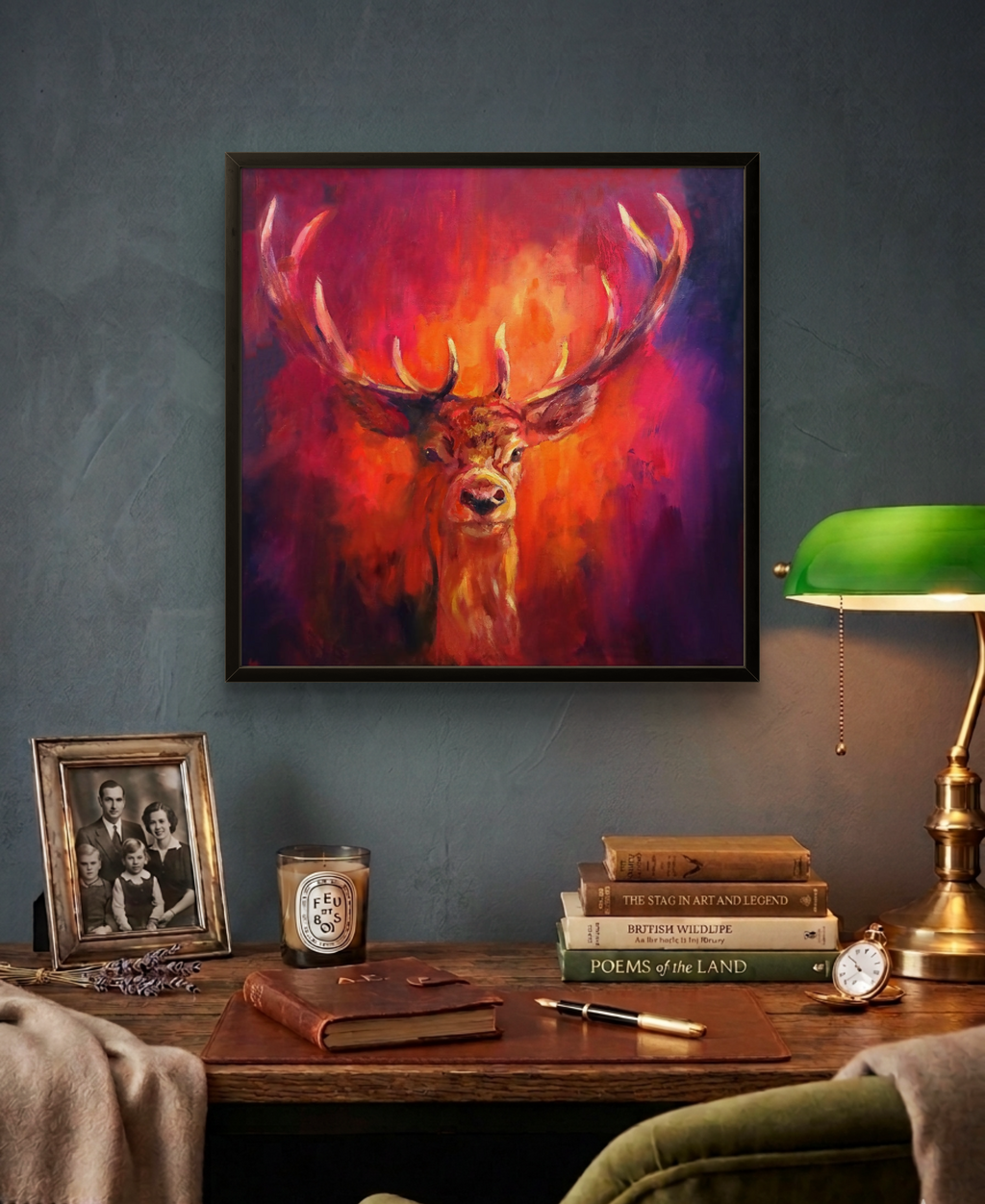 A wildlife deer art print in bright warm colours hanging in a cosy home