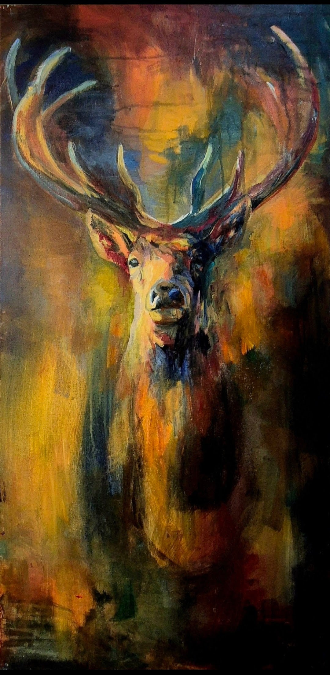 Sold* 'Secret of the Forest ' Original Stag Painting in Acrylics. 100 x 50 cm - Animal Art by Susan Gardner - Contemporary Expressionist - Colourful Fine Art