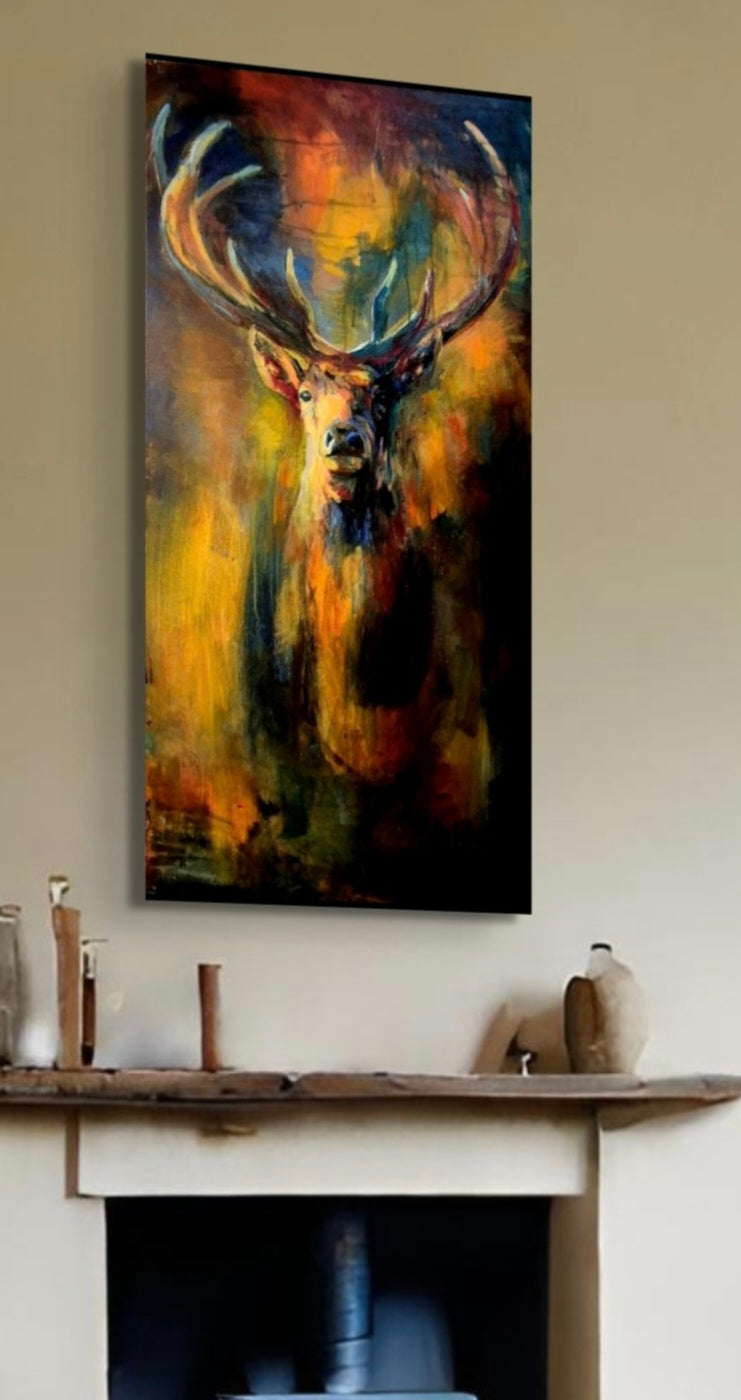 Sold* 'Secret of the Forest ' Original Stag Painting in Acrylics. 100 x 50 cm - Animal Art by Susan Gardner - Contemporary Expressionist - Colourful Fine Art
