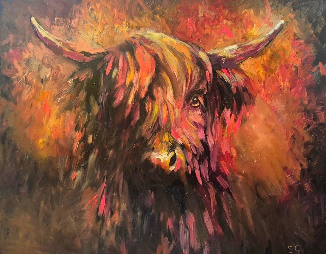 "Talisker" Original Highland Cow Oil Painting 40 x 30" - Animal Art by Susan Gardner - Contemporary Expressionist - Colourful Fine Art