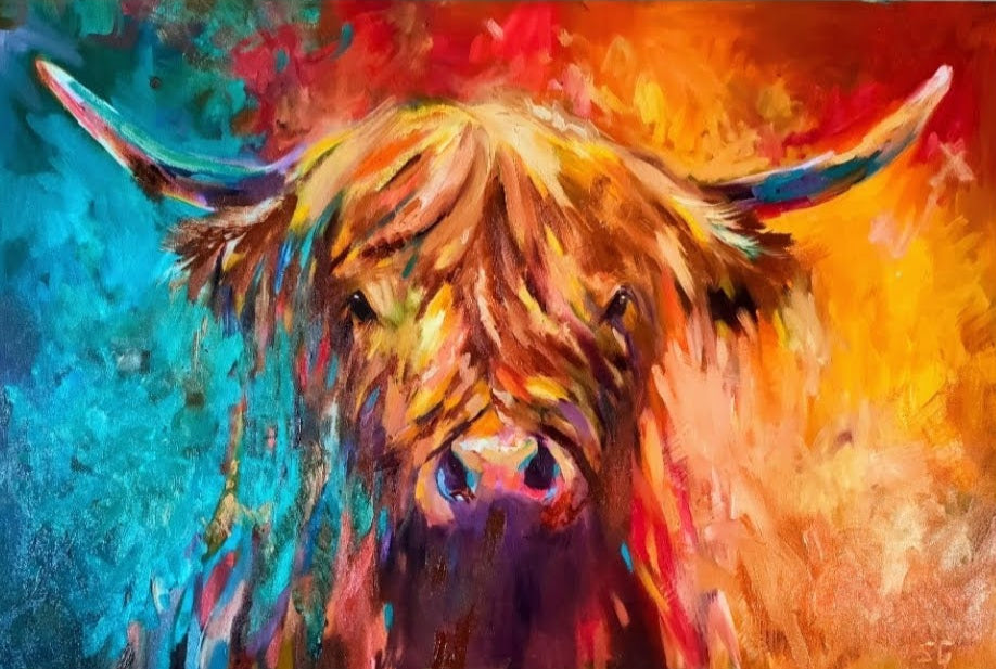 *Sold 'Ross' - Original Highland Cow Oil Painting - 61 x 91 cm / 24 x 36" - Animal Art by Susan Gardner - Contemporary Expressionist - Colourful Fine Art