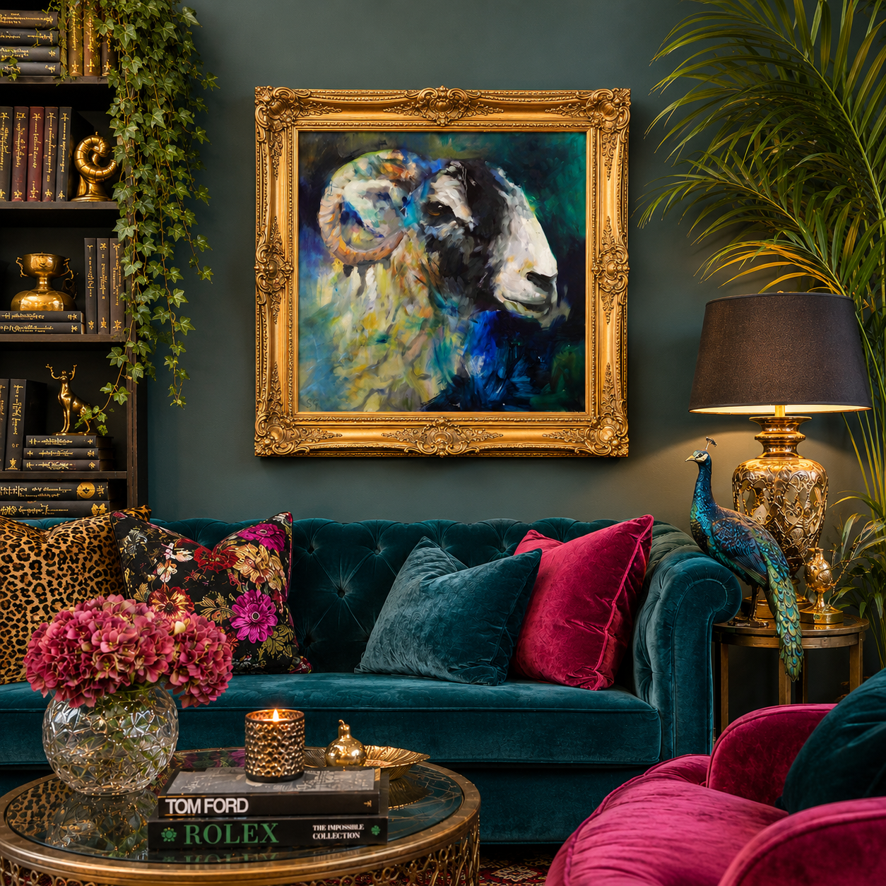 Decorative living room with a painting of a ram, colorful pillows, and a lamp.