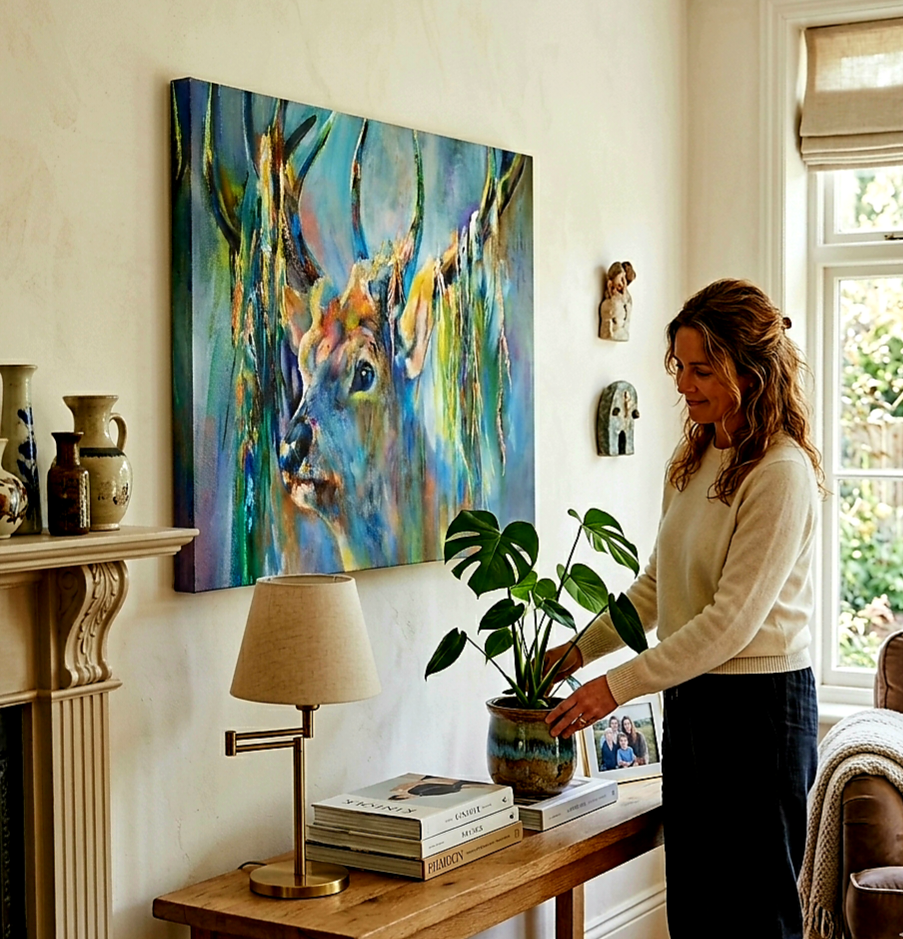 Silver grey deer art on the wall in a luxury home where a woman is pottering about 