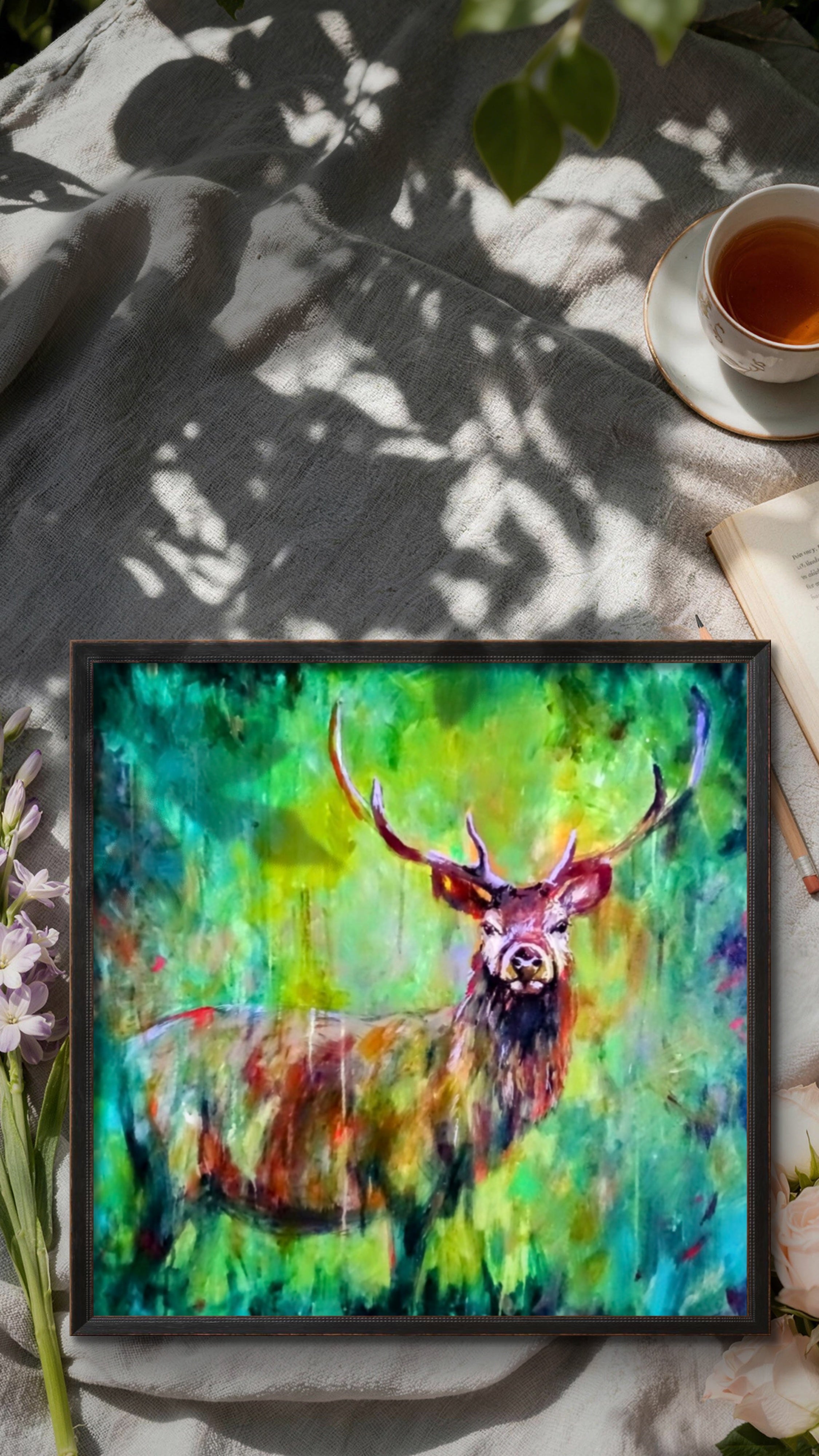 Framed painting of a deer in a colorful forest setting on a table with a cup of tea.