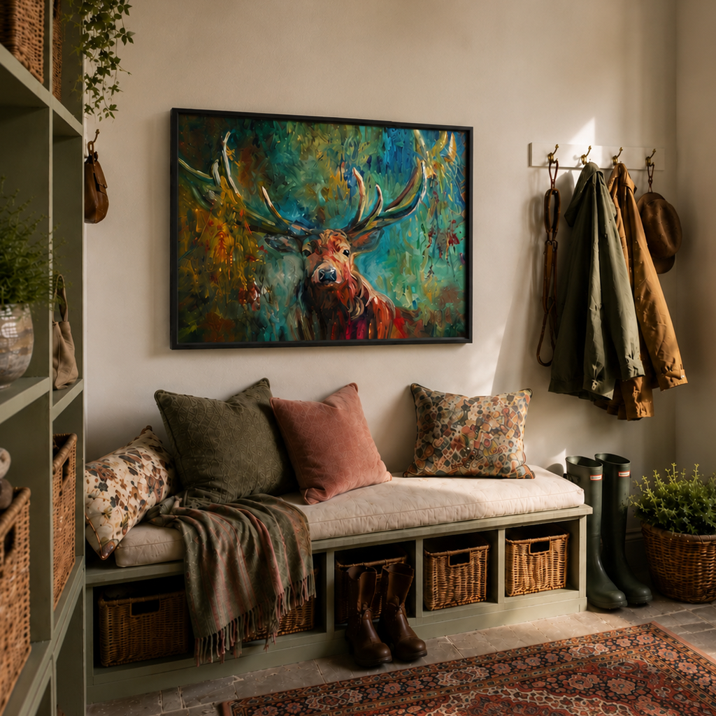 Nook with a bench, cushions, and a colorful deer painting on the wall.