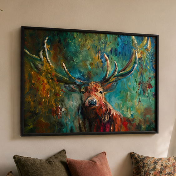 A framed canvas print of a colourful deer painting in a cosy room 