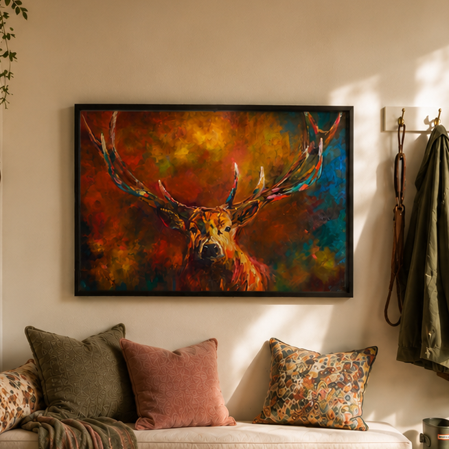 Stag Framed wall art in shades of brown Susan Gardner