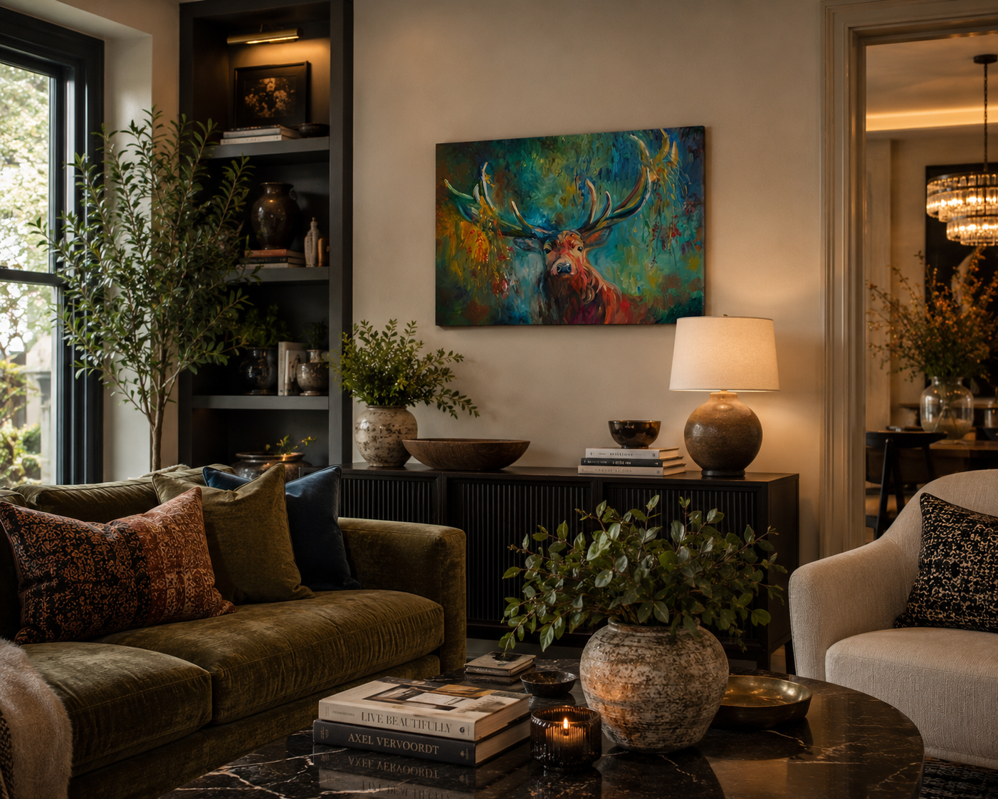 Living room with a painting of a deer, books, and decorative items.
