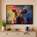 Colorful painting of a highland cow on a wall above a kitchen counter.