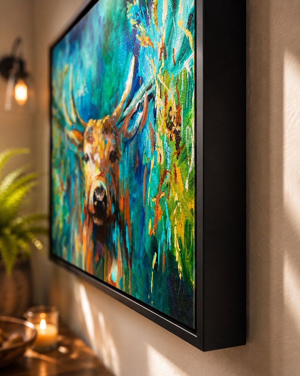 Colorful abstract painting of a deer on a wall with a candle and plant in the background.
