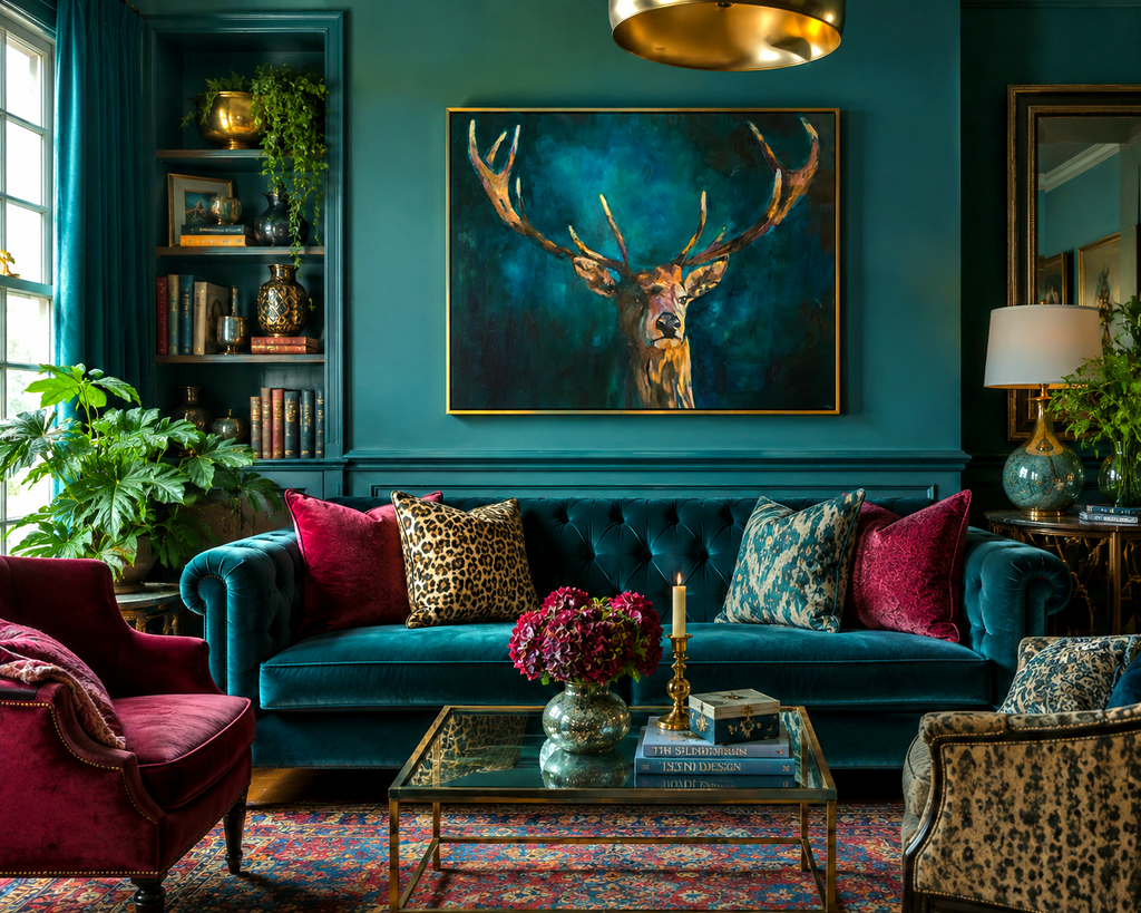 Luxurious living room with teal walls, a blue sofa, and decorative elements.