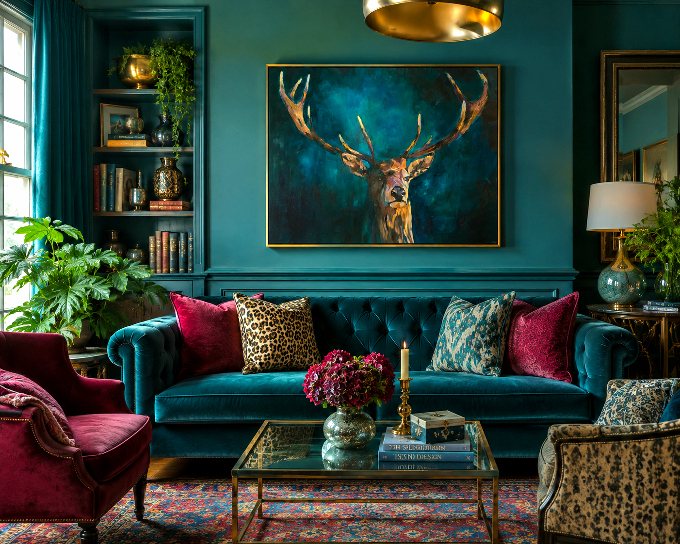 Luxurious living room with teal walls, a blue sofa, and decorative elements.