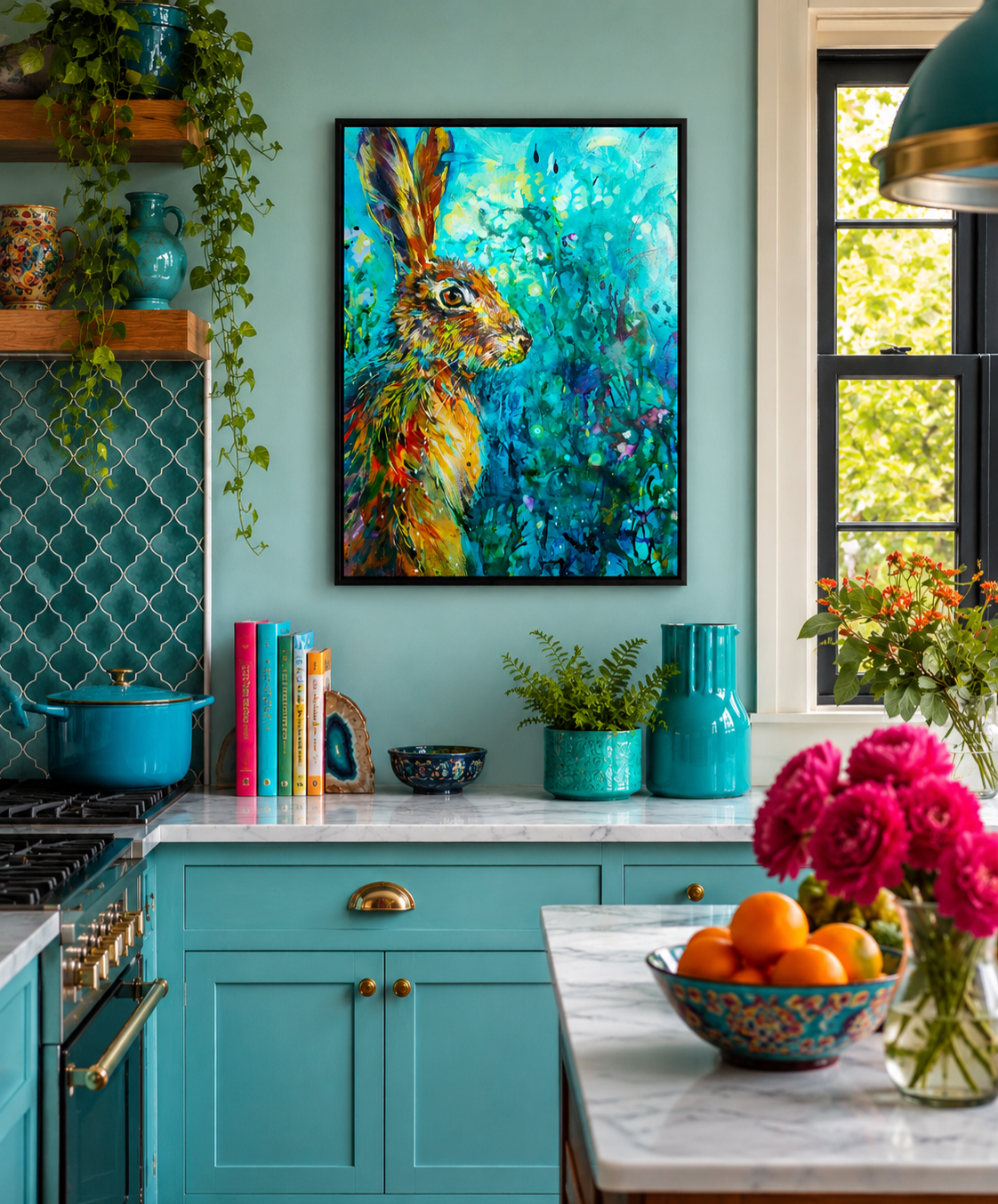 Colorful kitchen with turquoise cabinets, a painting of a hare, and a bowl of fruit on a counter.