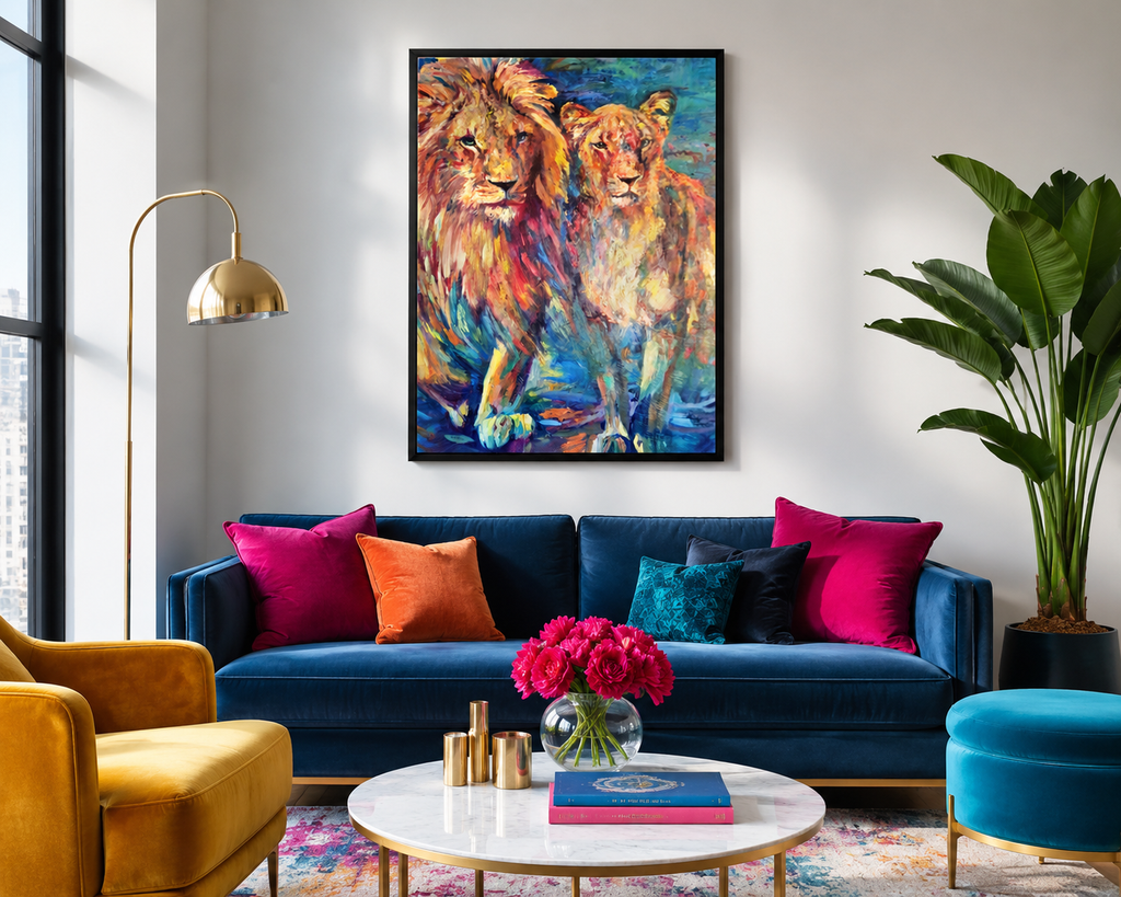 Living room with a blue sofa, colorful pillows, and a painting of two lions on the wall.