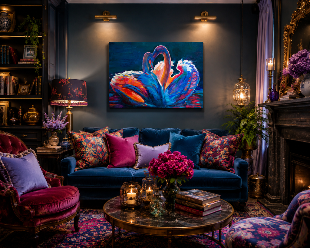 Cozy living room with a blue sofa, colorful pillows, and a vibrant swan painting on the wall.