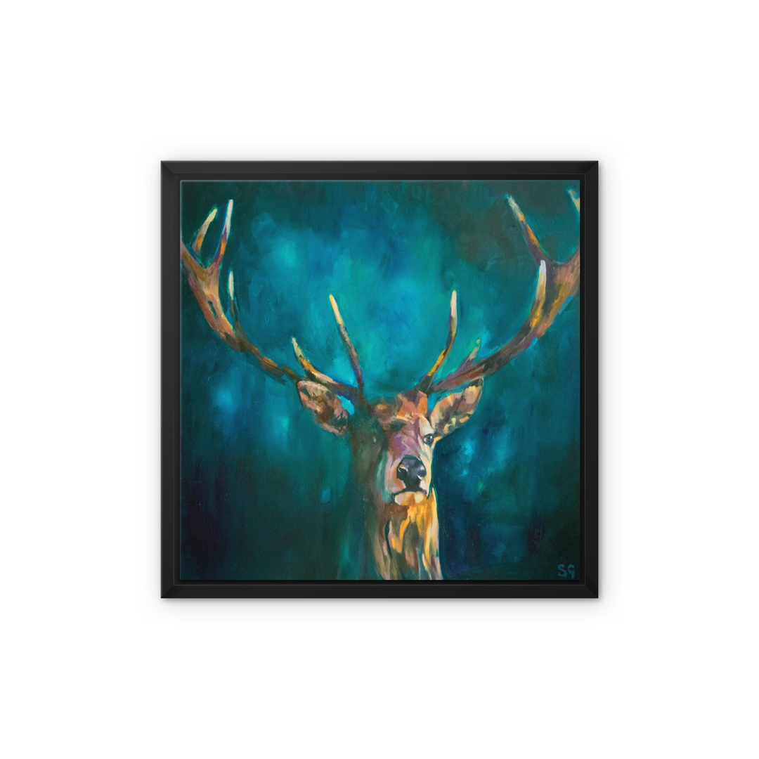 Ink Blue Stag - Deer Framed Canvas - Animal Art by Susan Gardner - Contemporary Expressionist - Colourful Fine Art