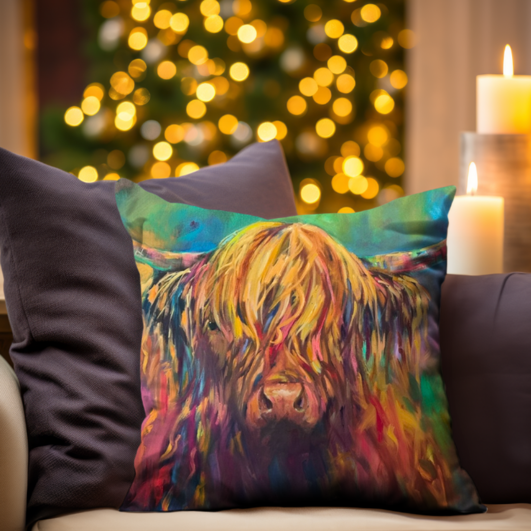 Applecross - Highland Cow Cushion - Animal Art by Susan Gardner - Contemporary Expressionist - Colourful Fine Art