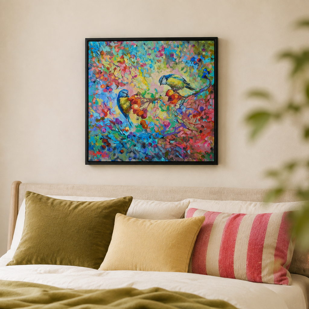 A framed colorful painting of two birds perched among vibrant flowers, displayed above a bed with olive green, cream, and pink striped pillows in a softly lit bedroom.