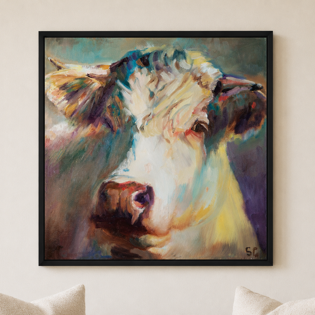 Thistledown: cow framed canvas print.