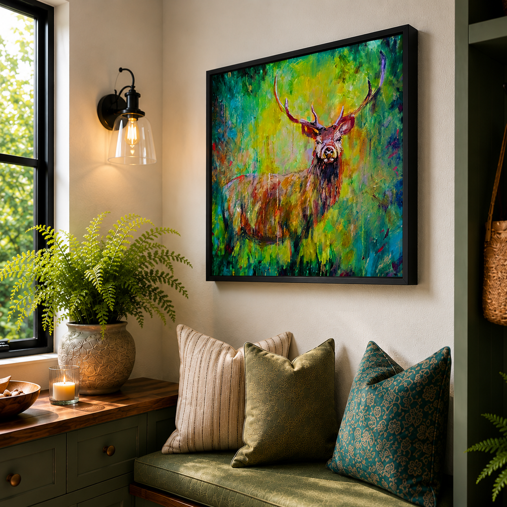 Decorative interior with a painting of a deer, cushions on a bench, and a plant.