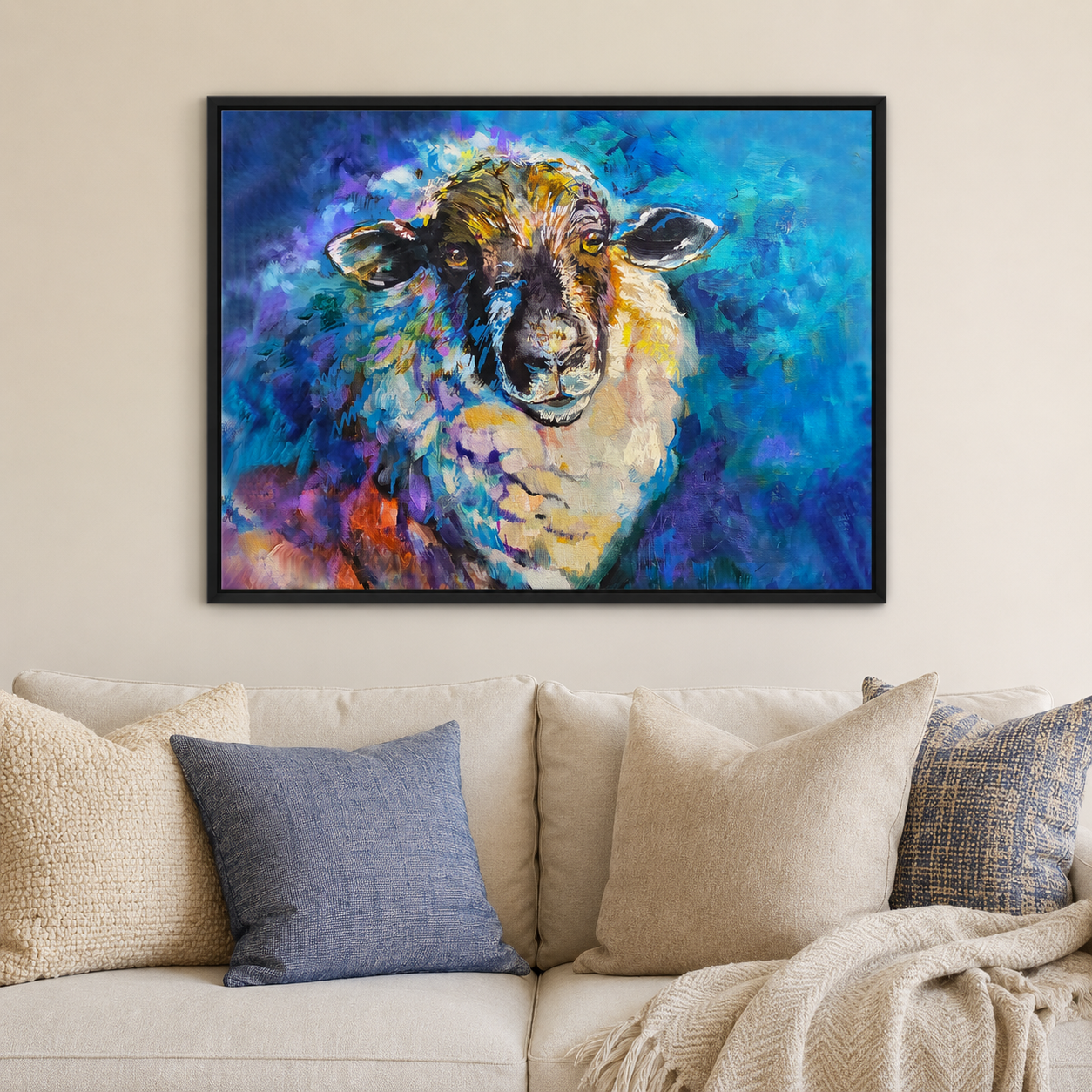 A framed colorful painting of a sheep's head hanging on a beige wall above a sofa with pillows and a throw blanket.