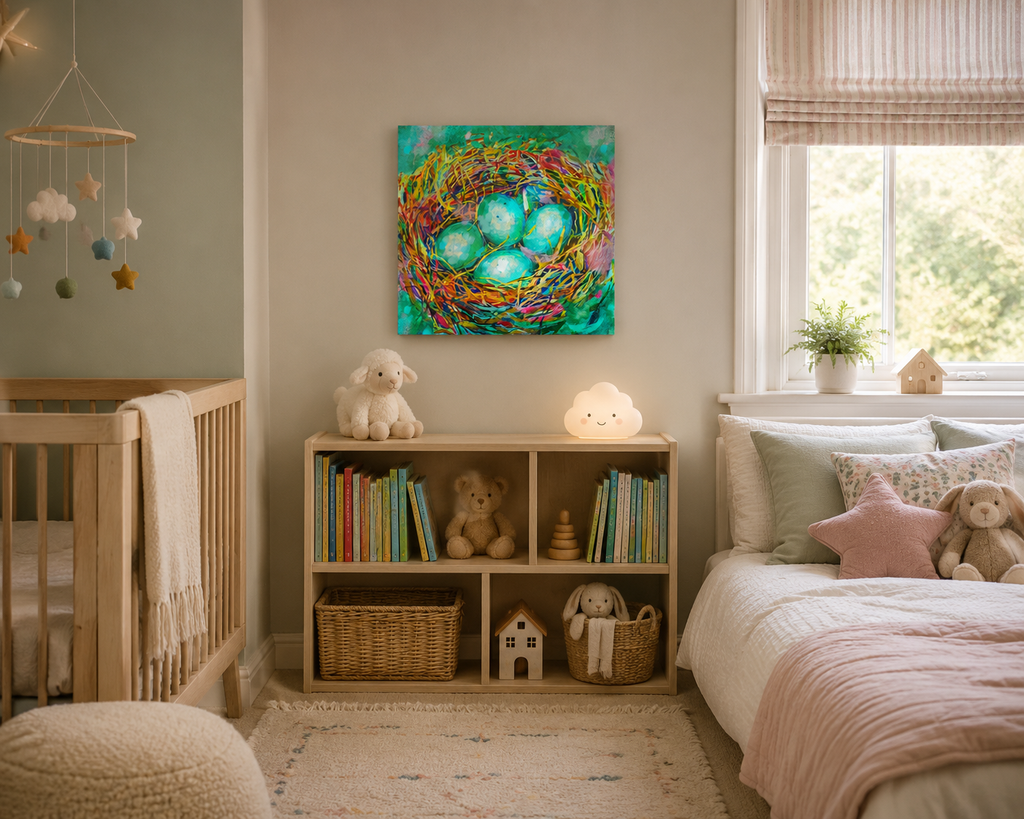 A colorful abstract canvas print depicting a nest with glowing turquoise eggs, displayed on a wall in a styled children's bedroom above a wooden bookshelf.
