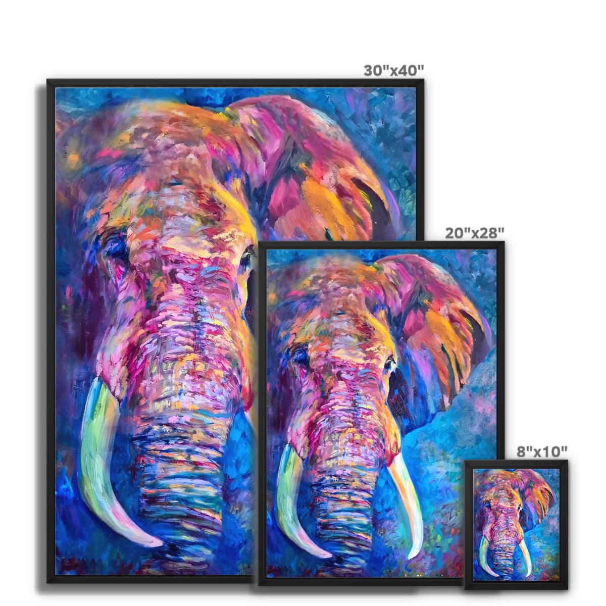 Three framed colorful elephant paintings shown in different sizes on a white background, with size labels reading 30"x40", 20"x28", and 8"x10".