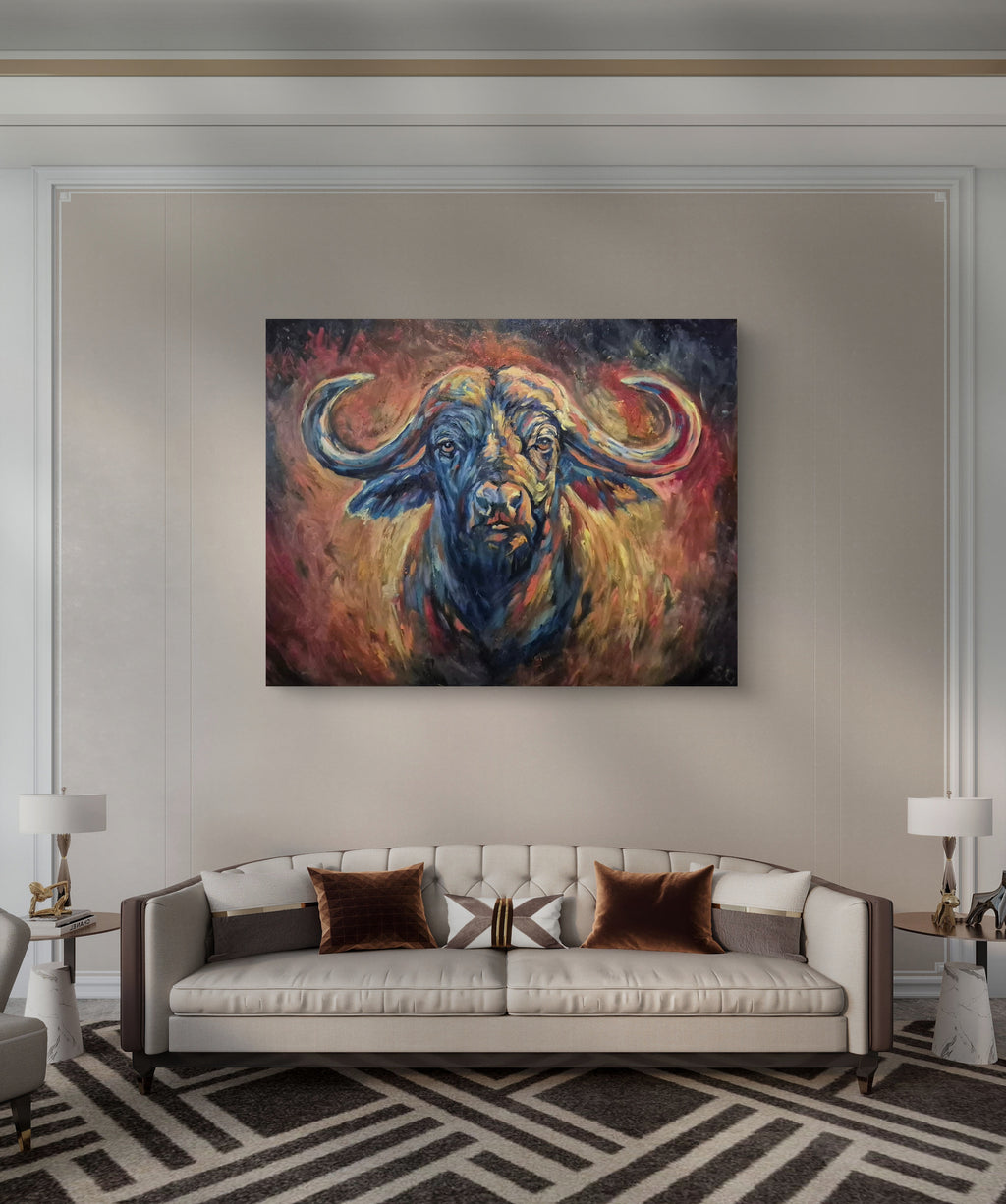 Colorful painting of a bull on a wall above a sofa in a living room.