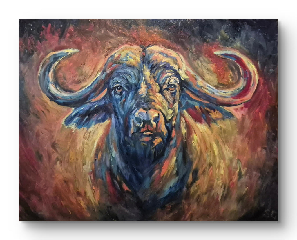Colorful painting of a bull with swirling colors on a dark background