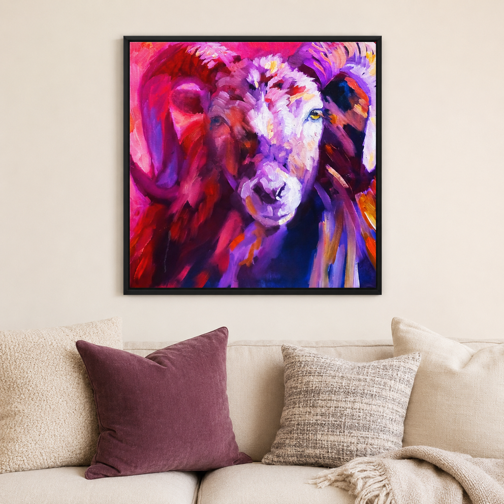 A colorful framed wall art print depicting a stylized ram portrait in vivid pink, purple, red, and blue tones, hanging above a beige sofa with decorative pillows in a living room setting.