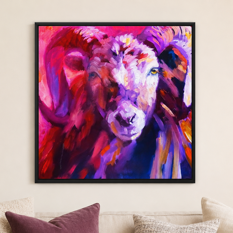 A framed square canvas art print featuring a vibrant, colorful impasto painting of a ram's head, displayed on a beige wall above a sofa with decorative pillows.
