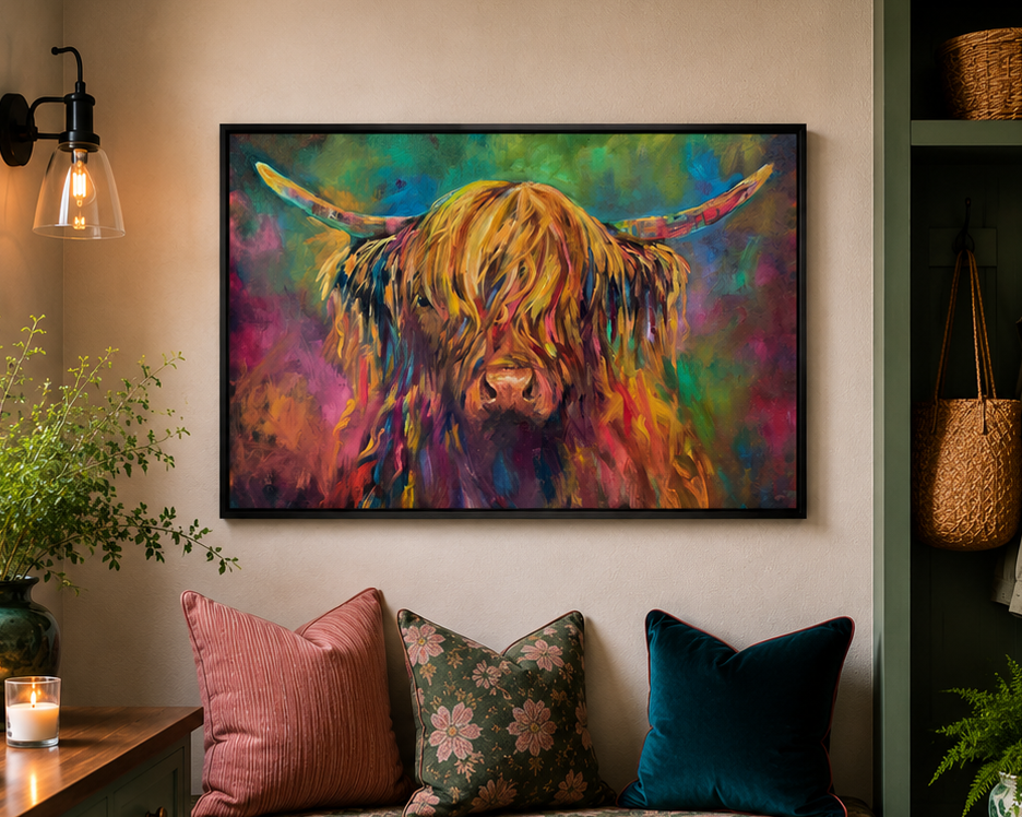 Colorful painting of a highland cow on a wall above a sofa with decorative pillows.