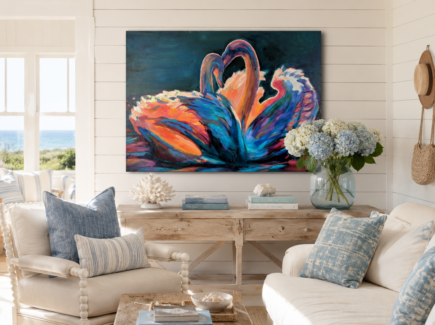 Living room with a colorful swan painting on the wall, white sofa, and decorative items.