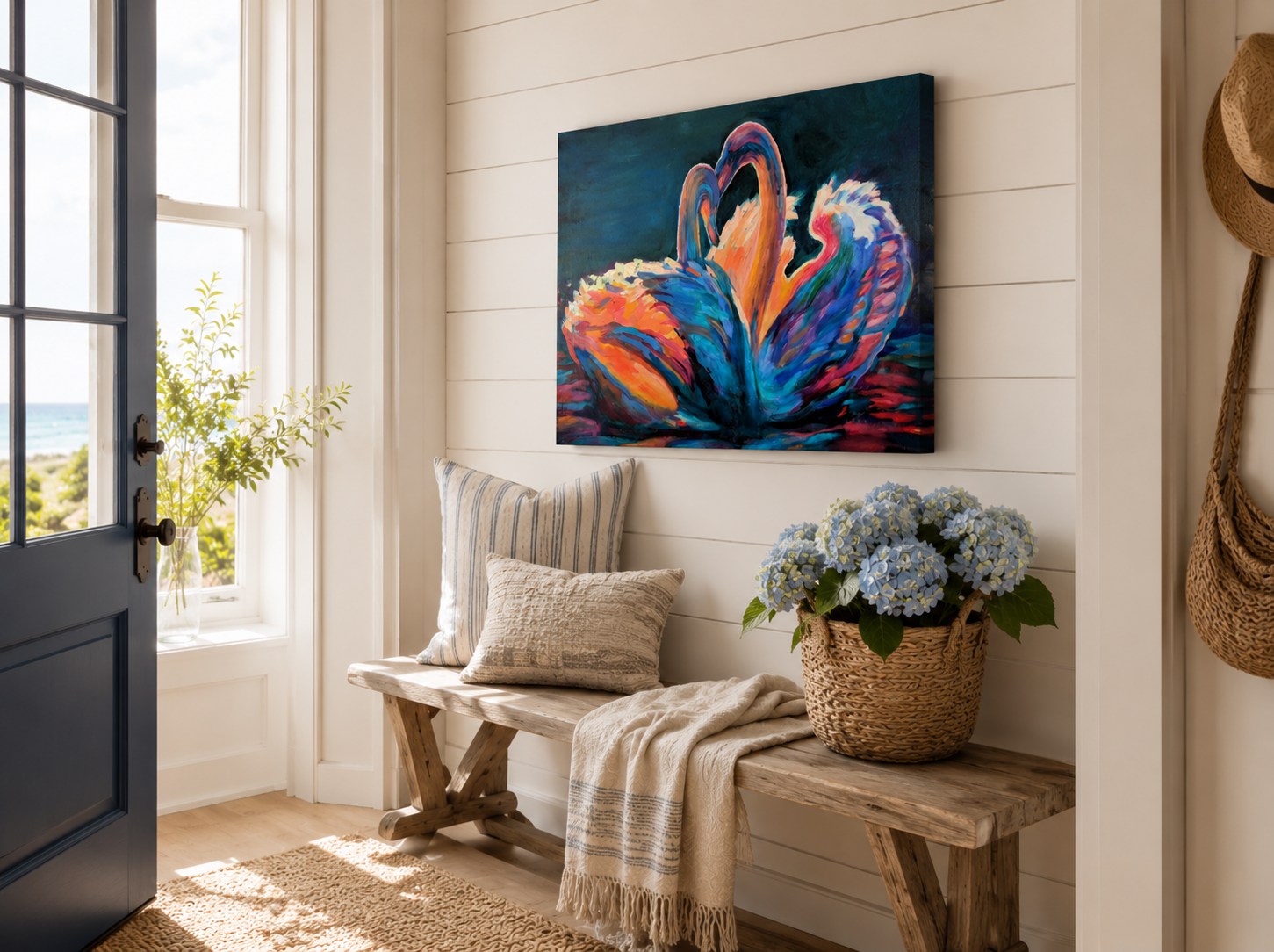 Nautical-themed painting above a wooden bench with pillows and flowers in a room with a large window.