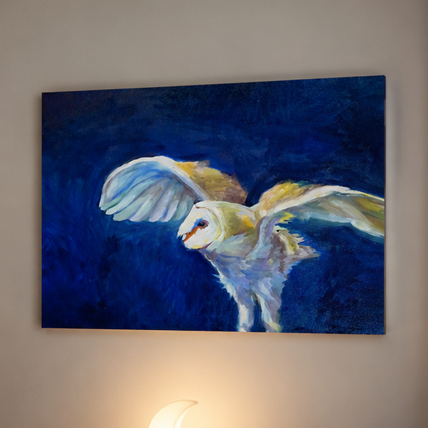 Moonlight Flight: owl canvas print displayed in a child's room.