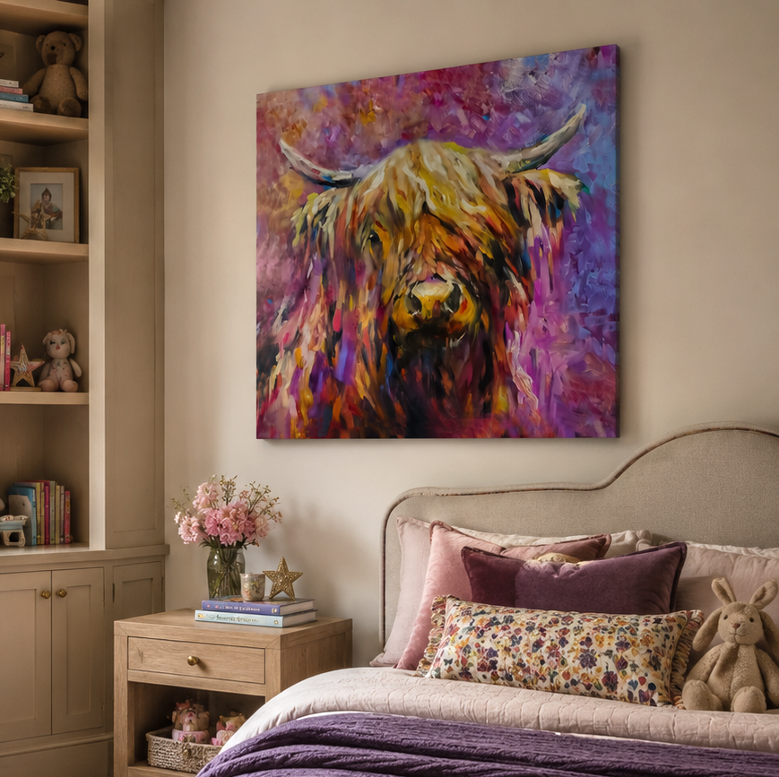 Cozy little girls  bedroom with a colorful highland cow painting on the wall, in pink and purple