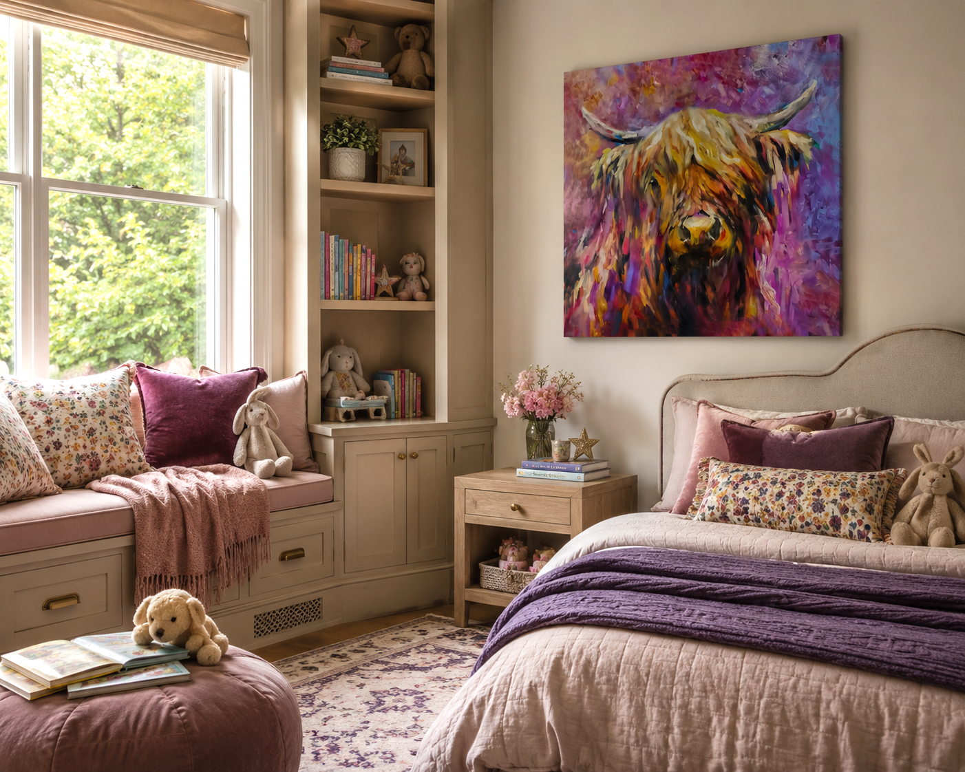 Cozy little girls  bedroom with a colorful highland cow painting on the wall, in pink and purple
