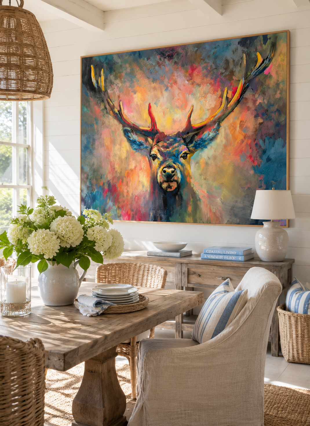 Dining room with a large colorful painting of a deer on the wall.