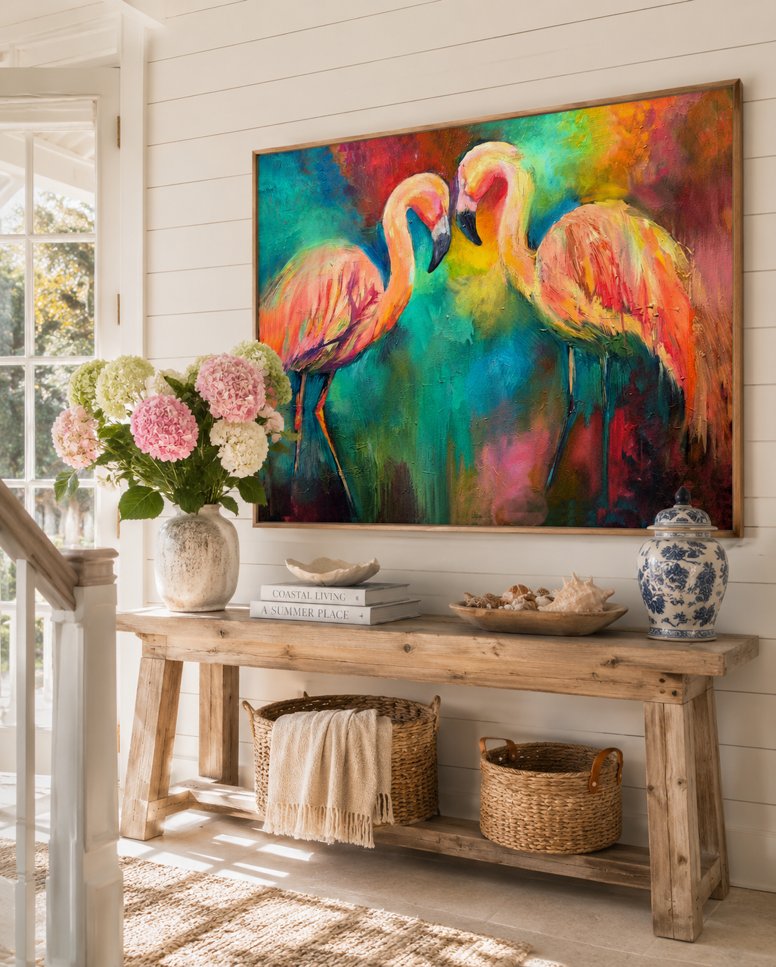 Colorful flamingo painting above a wooden console table with decorative items.