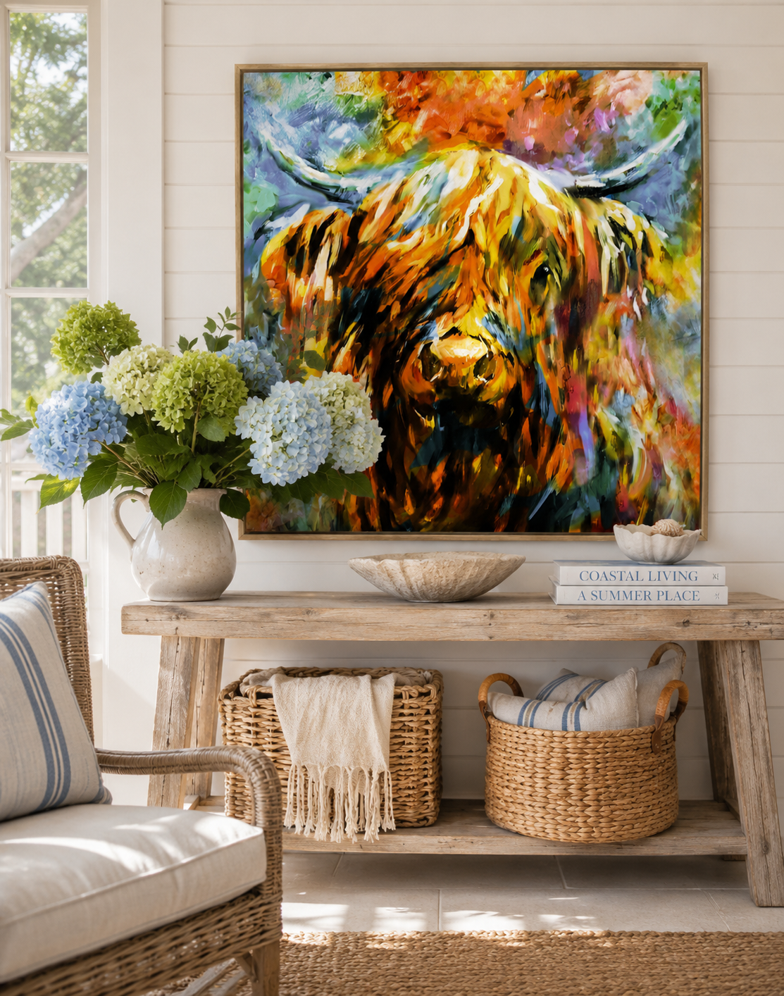 Colorful abstract painting of a cow on a wall above a wooden console table with decorative items.