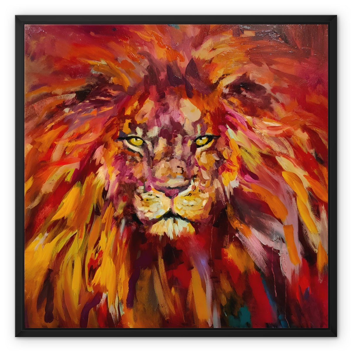 lion portrait on a deep edge canvas, in a black frame