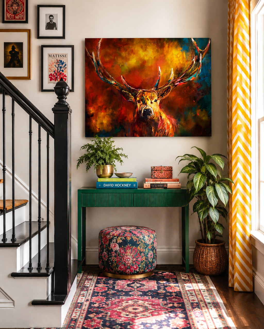 Staircase with colorful artwork, green console table, and decorative items in a home interior.