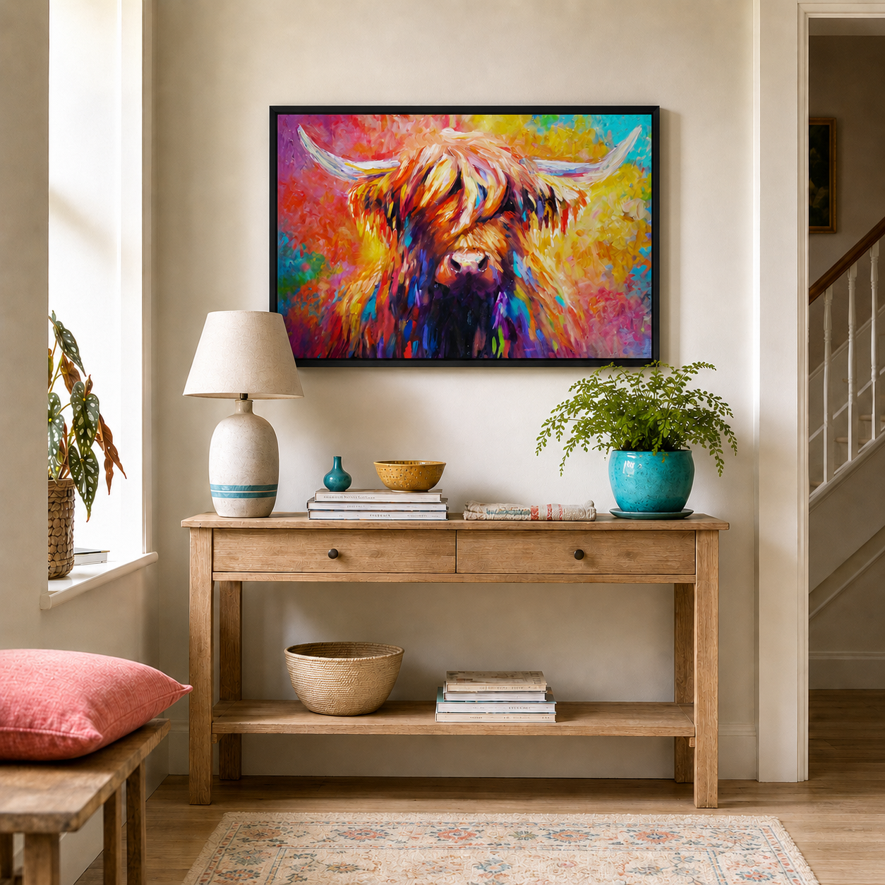A colorful framed painting of a Highland cow hangs on a beige wall above a wooden console table in a styled living room interior.