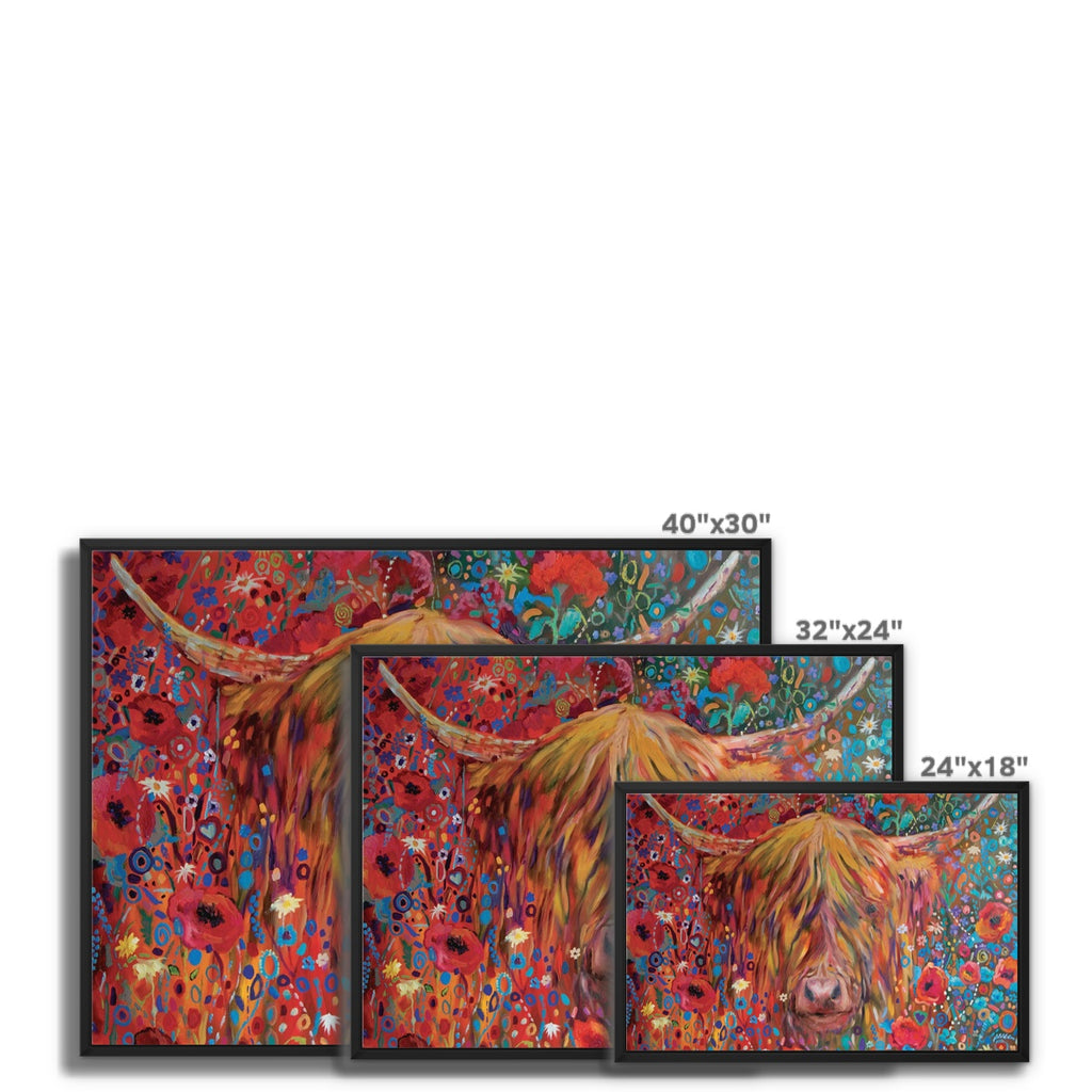 Poppy Cow Framed Canvas - - susan gardner - uk artist - colourful animal art