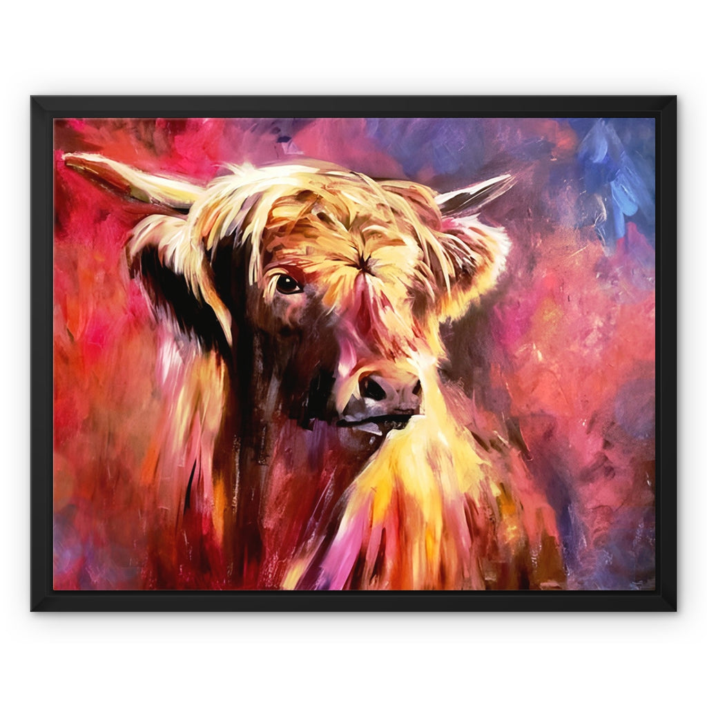 A framed colorful painting of a Highland cow, featuring expressive brushstrokes in red, pink, purple, blue, and yellow tones, enclosed in a black frame against a white background.