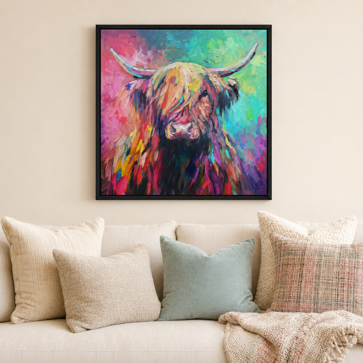 A colorful framed canvas print of a Highland cow hangs on a beige wall above a cream sofa with decorative pillows and a throw blanket.