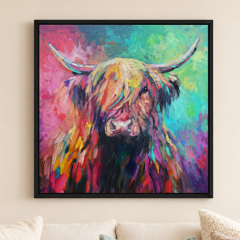 Balvenie: Highland cow framed canvas print.
