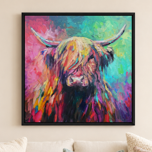 Balvenie: Highland cow framed canvas print.